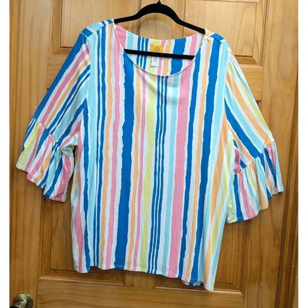 Ruby Rd Top Stretch Knit 3/4 Sleeves With Ruffle Hem Size 2X Pullover Tunic